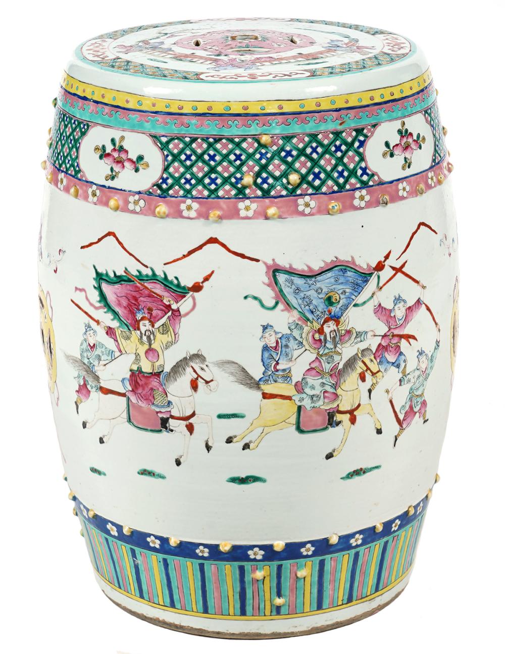 Appraisal: CHINESE PORCELAIN GARDEN SEATChinese porcelain garden seat decorated with warriors