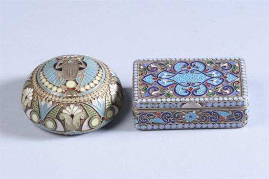 Appraisal: TWO RUSSIAN SILVER AND ENAMEL SNUFF BOXES One round Egyptian