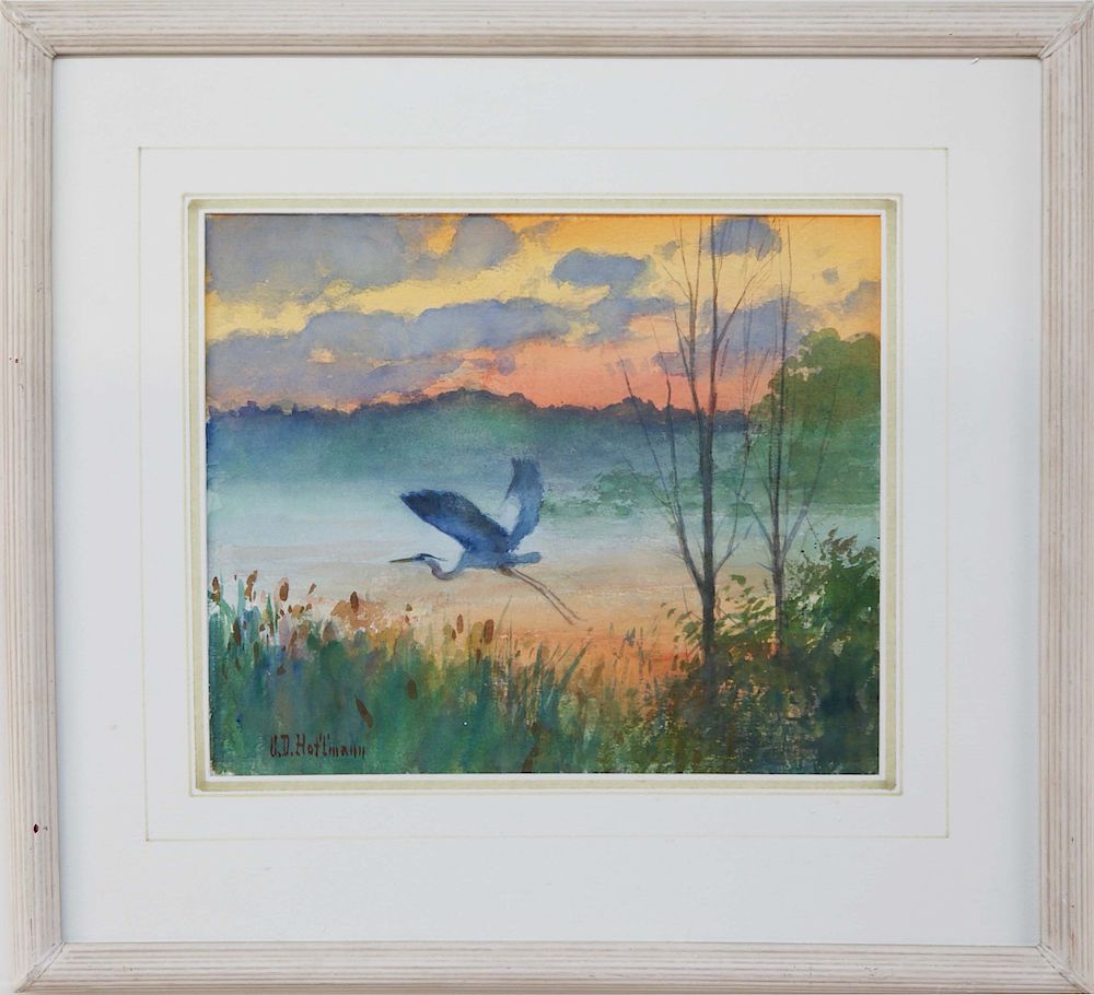 Appraisal: Gary D Hoffmann Watercolor on Paper Flying Crane at Sunrise