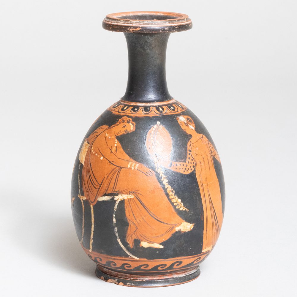 Appraisal: Apulian Style Red-Figure Pottery Bottle x in diam Property from