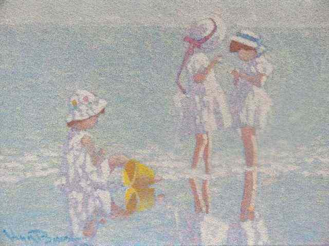 Appraisal: Signed O C Pointillist Beach Scene with Children Signed lower