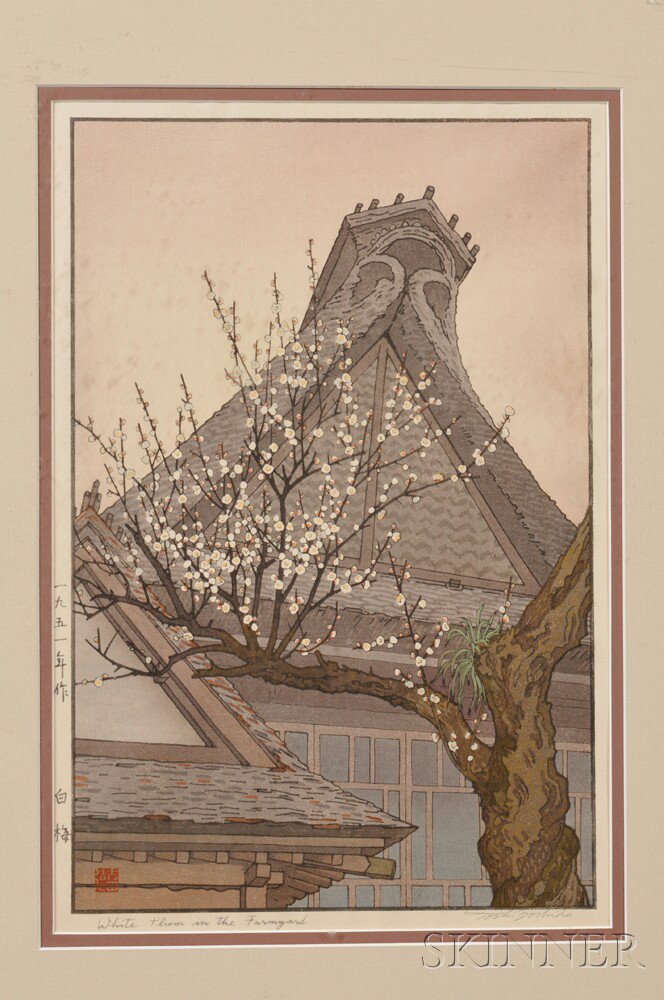 Appraisal: Toshi Yoshida - White Plum in the Farmyard woodblock print