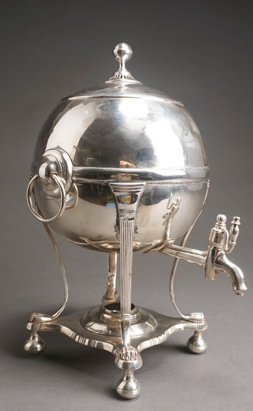 Appraisal: REGENCY STYLE SILVERPLATE SPHERICAL HOT WATER URN ATTRIBUTED TO JOHN