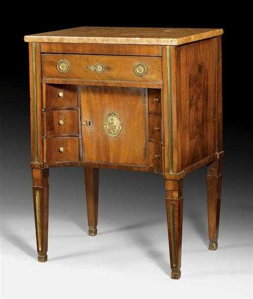 Appraisal: SMALL MAHOGANY CHEST OF DRAWERS Louis XVI German circa Fluted