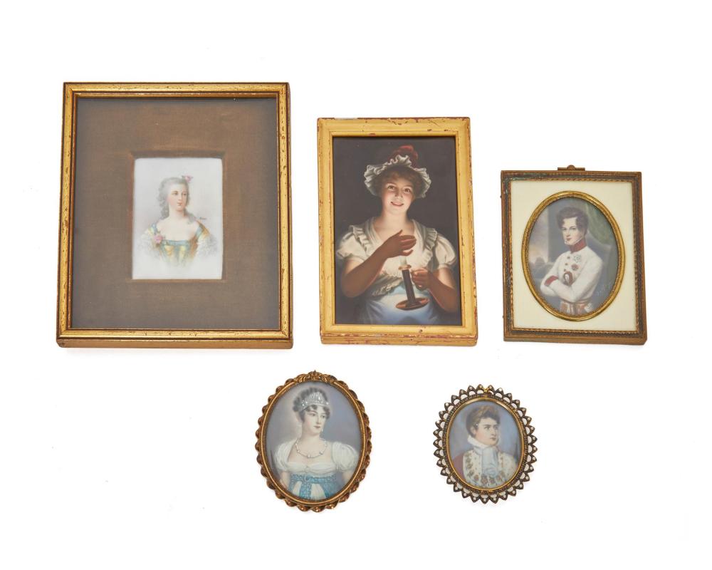 Appraisal: Five framed hand-painted portrait miniatures Late th early th Century