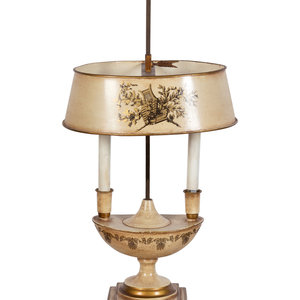 Appraisal: A Painted Tole Two-Light Lamp th Century Overall height x