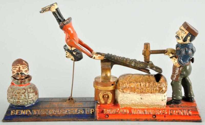 Appraisal: Cast Iron Bread Winners Mechanical Bank Description Manufactured by J