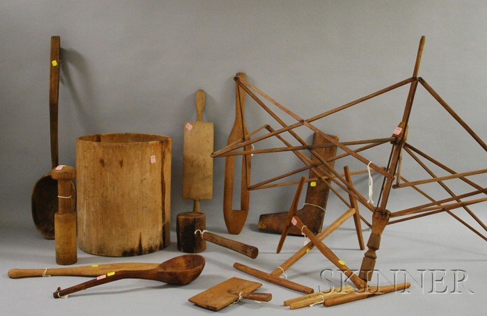 Appraisal: Small Hewn Wooden Barrel with Thirteen Wooden Tools and Utensils