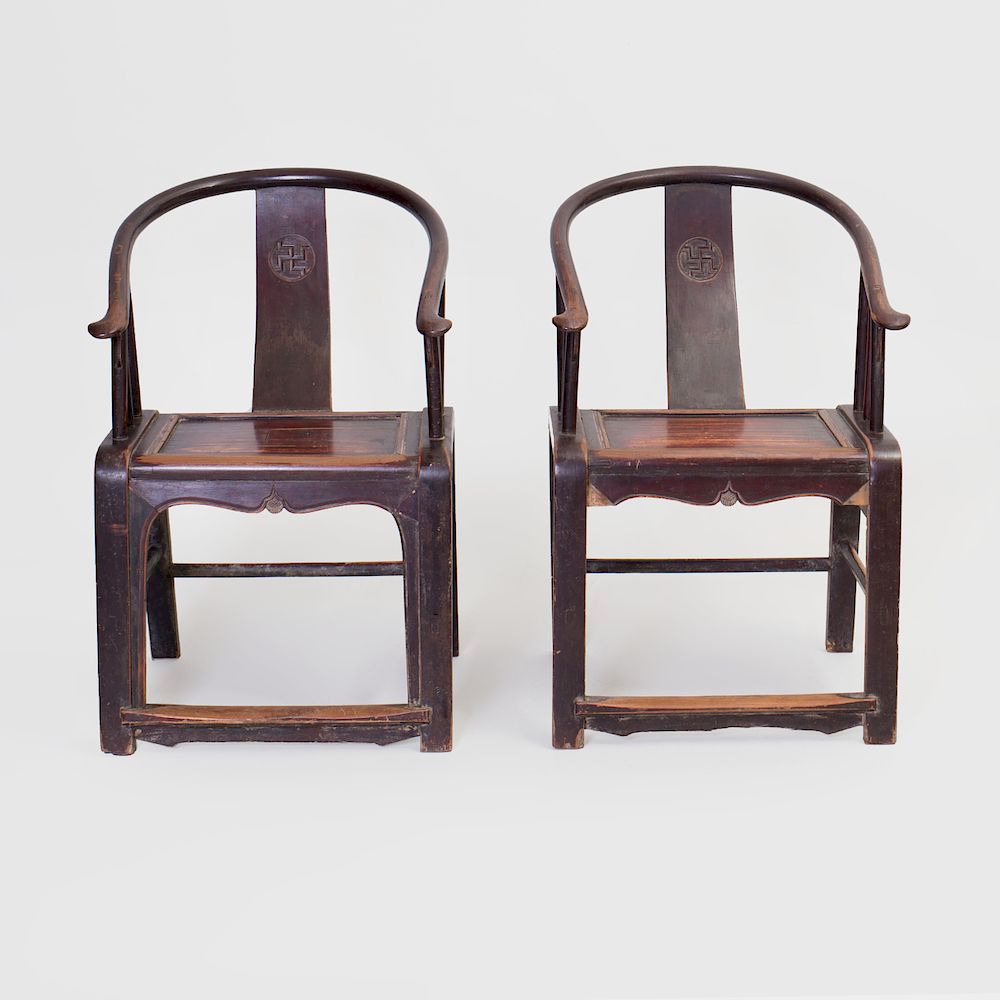 Appraisal: Pair of Chinese Stained Hardwood Armchairs x x in Condition