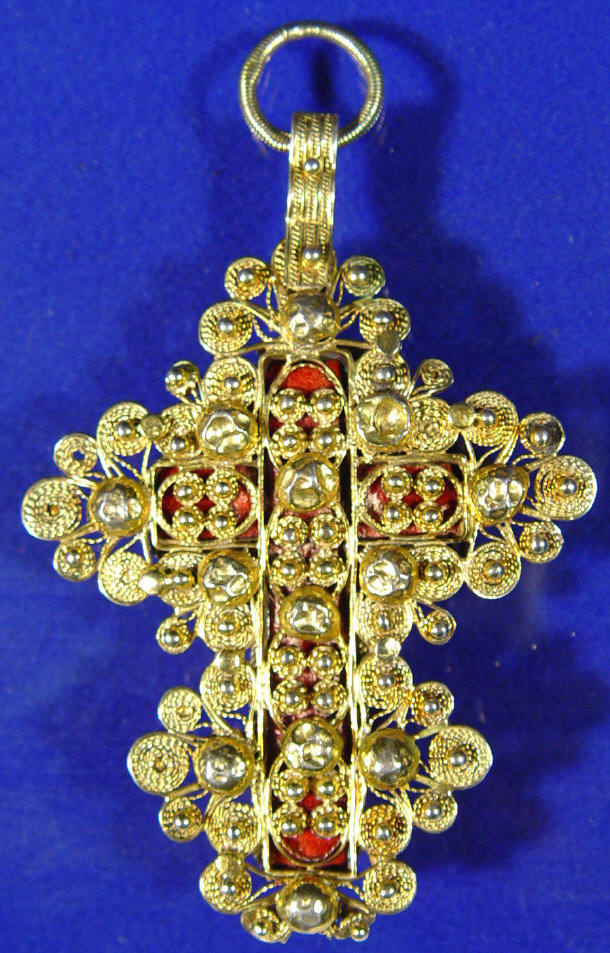 Appraisal: Antique gold metal filigree cross with secret compartment