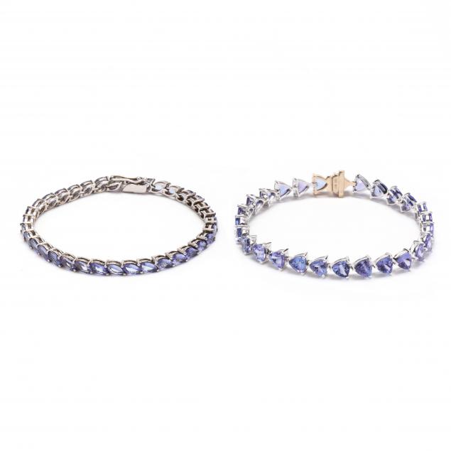 Appraisal: TWO TANZANITE BRACELETS The first set with trillion cut tanzanites