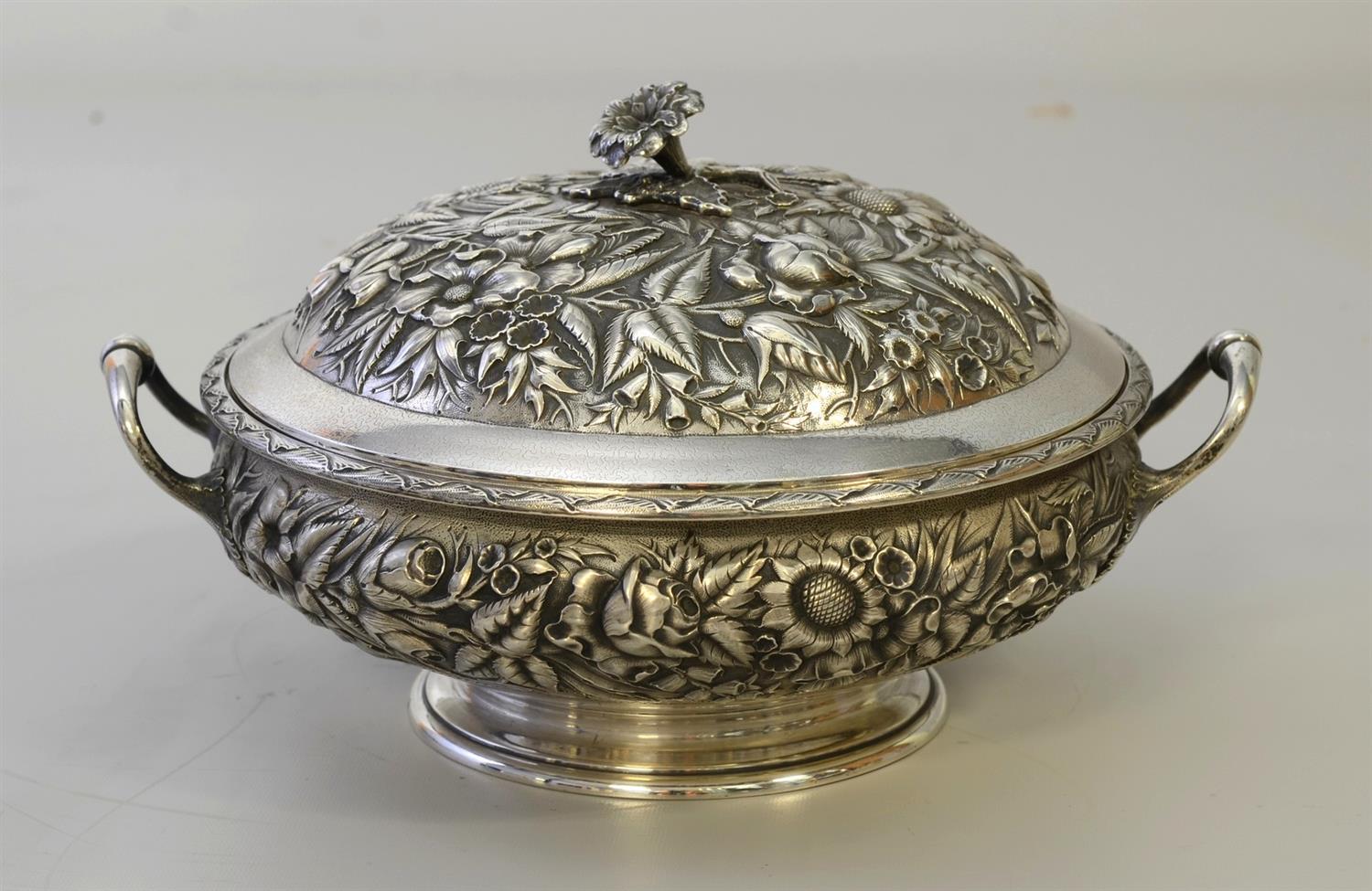 Appraisal: Peter Krider Co floral repousse sterling silver covered dish retailed