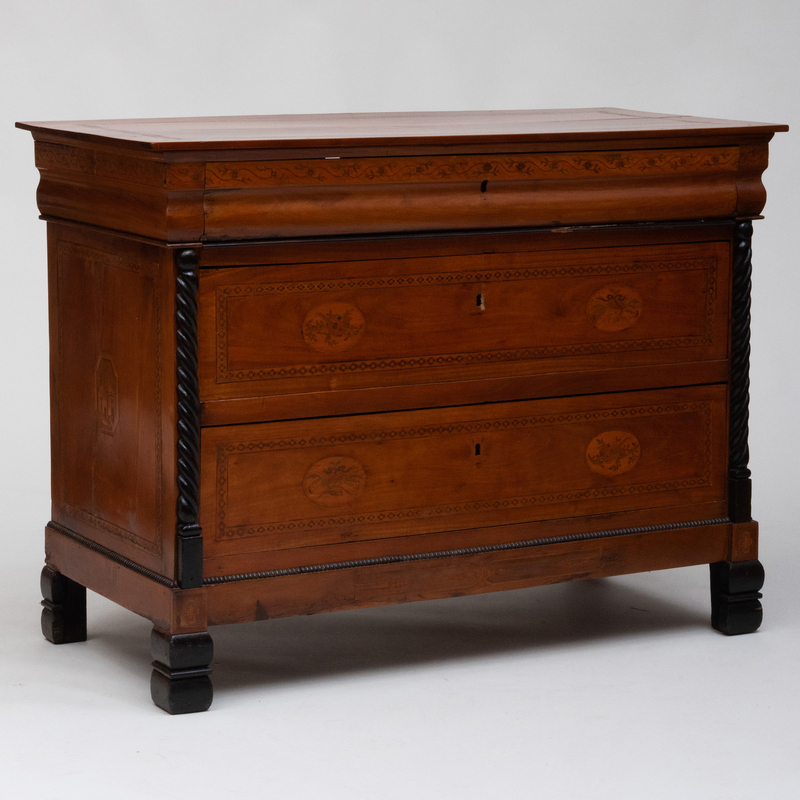 Appraisal: ITALIAN LATE NEOCLASSICAL WALNUT AND FRUITWOOD MARQUETRY AND EBONIZED CHEST