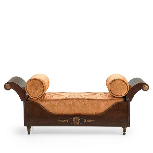 Appraisal: EMPIRE STYLE MINIATURE BED Mahogany with ormolu trim silk damask