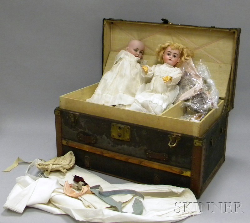 Appraisal: Two German Bisque Head Dolls and a Doll's Trunk with