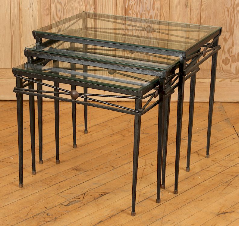 Appraisal: SET IRON BRONZE MOUNTED NESTING TABLES ATTR COMTE A set