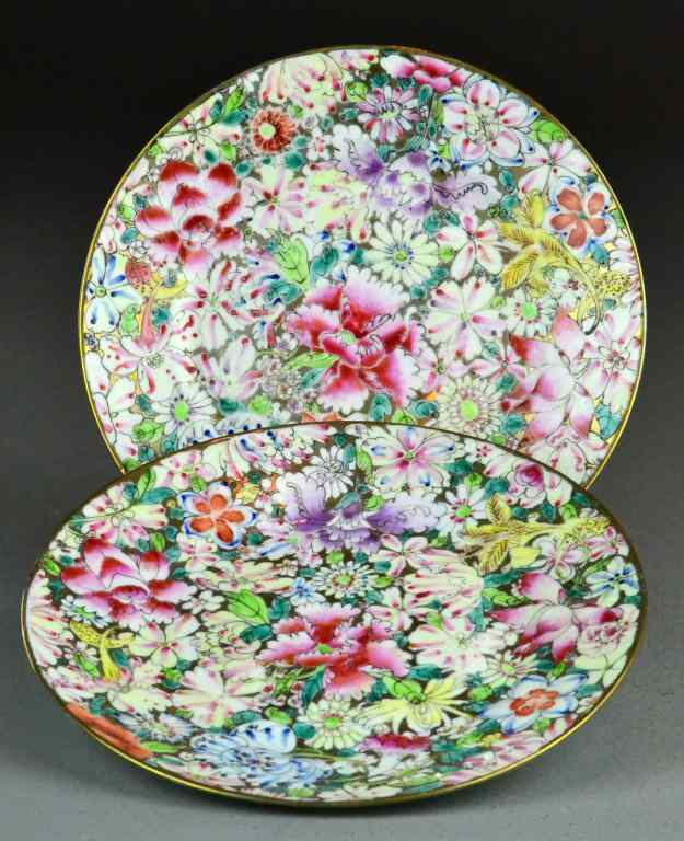 Appraisal: Pr Chinese Qing Millefiori Porcelain PlatesEach boldly decorated and highlited