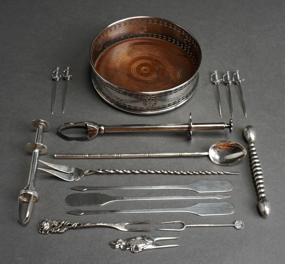 Appraisal: COLLECTION OF BARWARE INCLUDING SILVERPLATE COASTER ICE TONGS STERLING SILVER