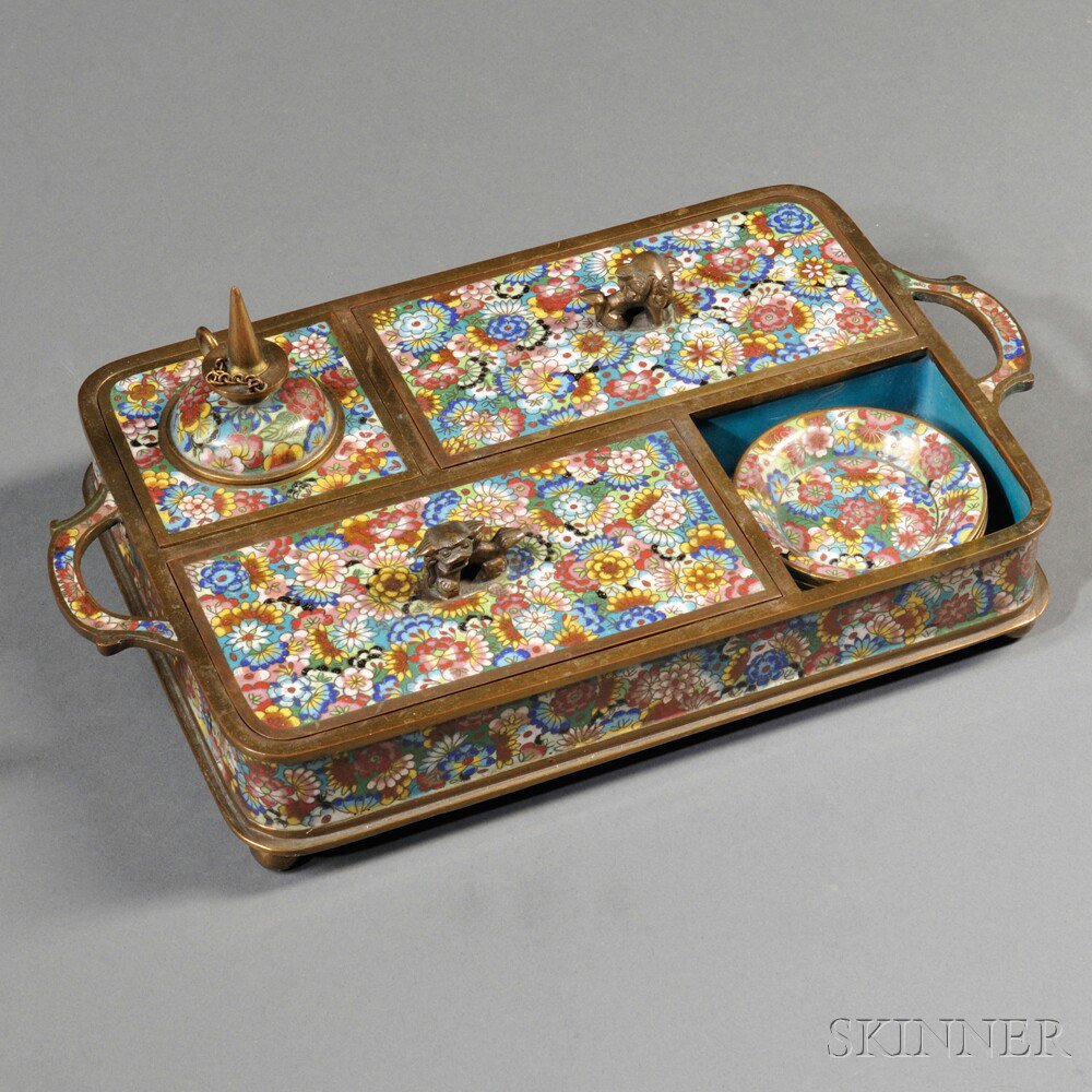 Appraisal: Cloisonne Enamel Smoking Set China rectangular with millefleur decoration comprising