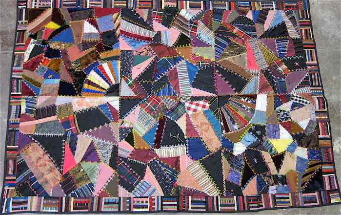 Appraisal: AMERICAN HAND PIECED CRAZY QUILT wall hanging or throw various