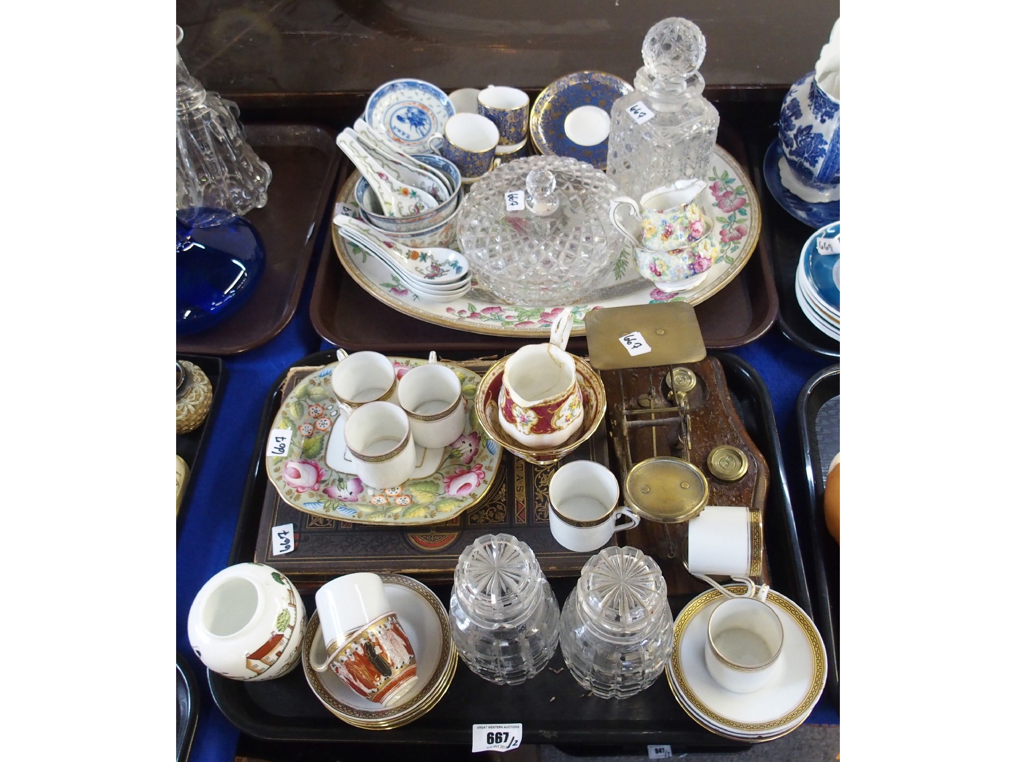 Appraisal: Two trays comprising various porcelain tea wares brass scale on