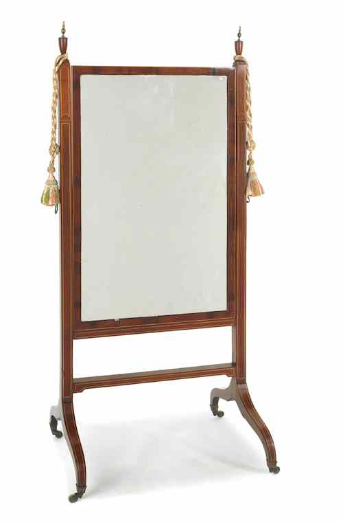 Appraisal: George II mahogany cheval mirror ca with brass finials and