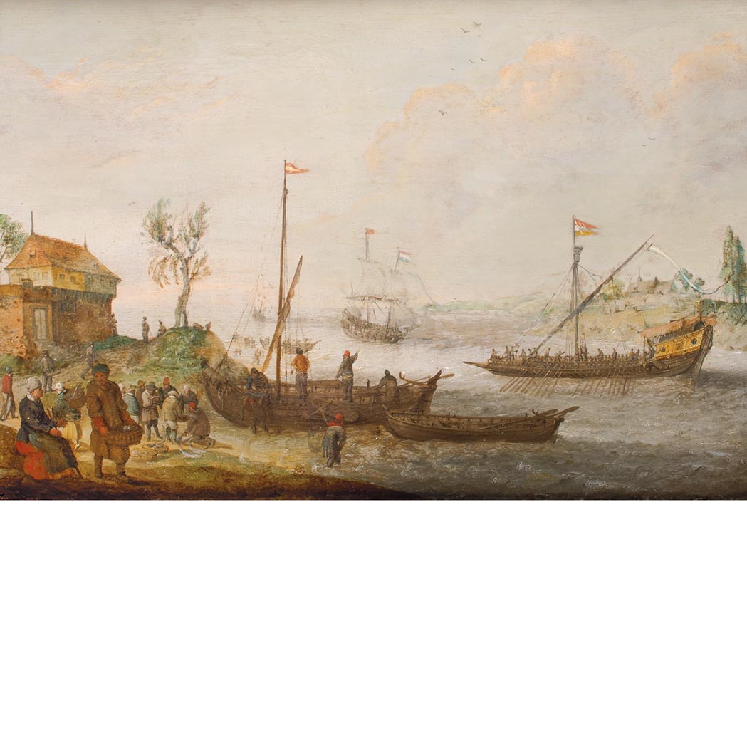 Appraisal: Flemish School th Century Figures Loading Boats in an Estuary