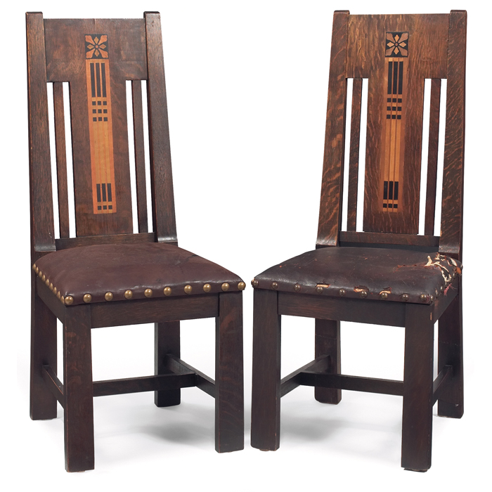 Appraisal: Shop of the Crafters chairs pair inlaid stylized floral design