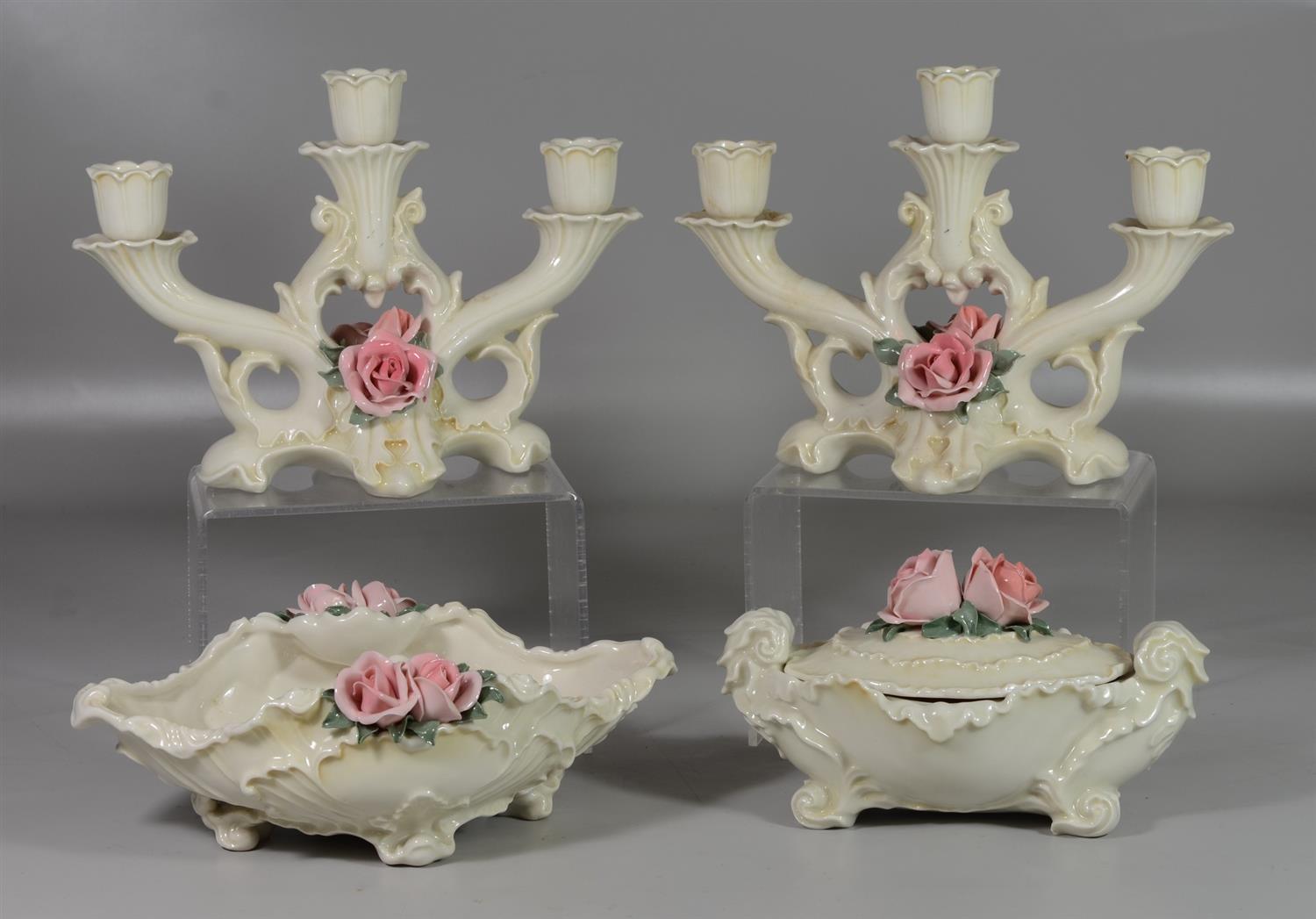 Appraisal: Karl Ens German porcelain rose decorated table items including pair