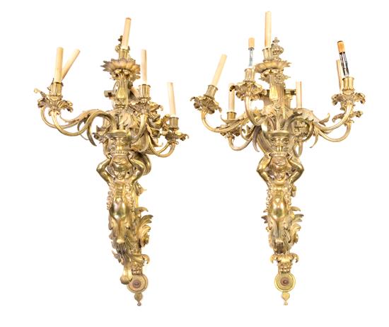 Appraisal: Sale Lot A Pair of Gilt Bronze Seven-Light Sconces late