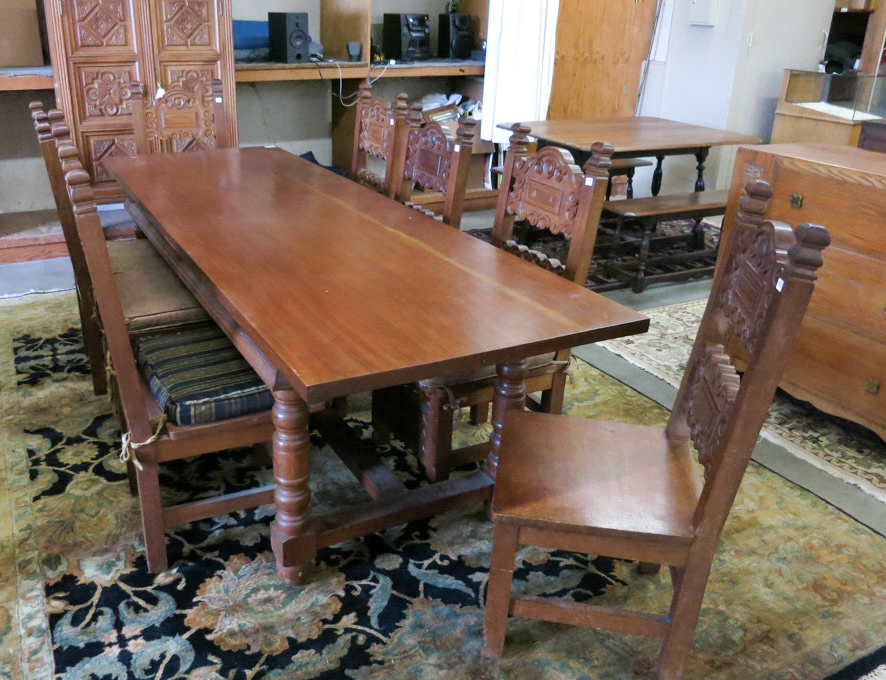 Appraisal: SPANISH COLONIAL STYLE BANQUET TABLE AND EIGHT CHAIRS SET Mexico