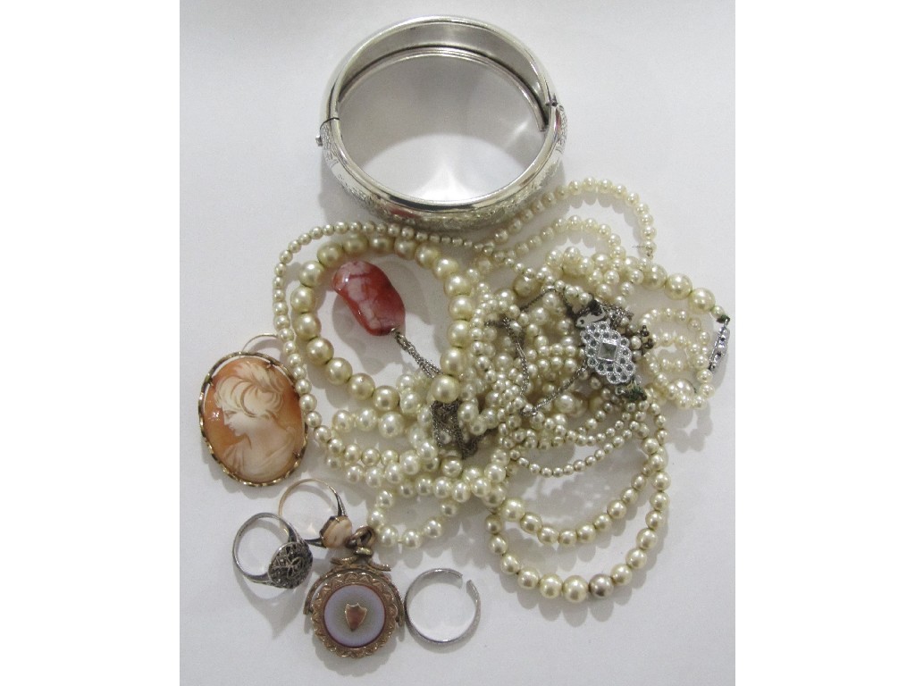 Appraisal: Lot comprising silver bangle paste pearls cameo brooch and ring