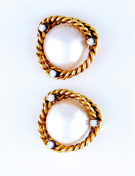 Appraisal: Mabe pearl and diamond earclips entwined K yellow gold rope