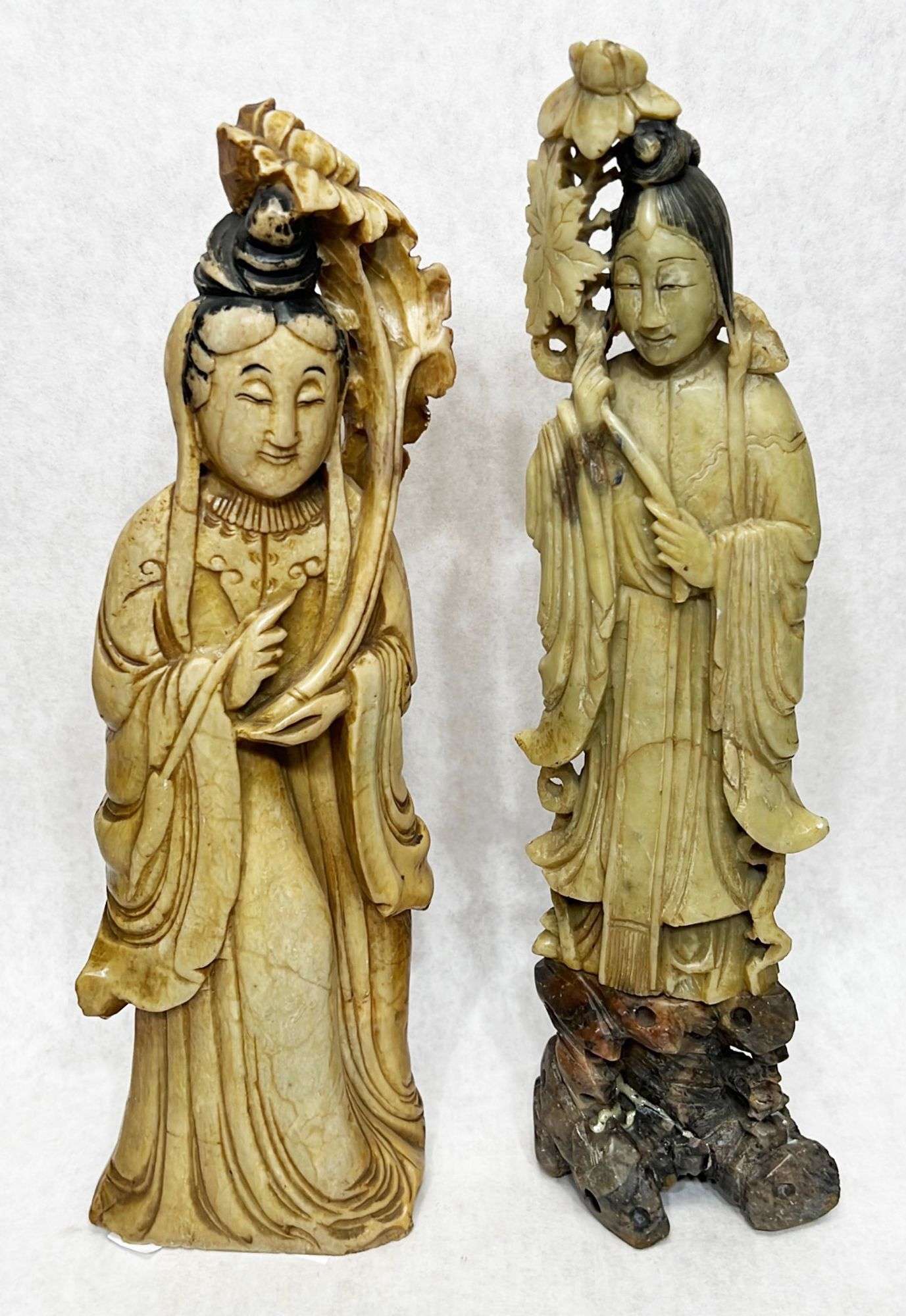 Appraisal: Chinese carved soapstone sculpturesEarly to mid thC Taller stands in