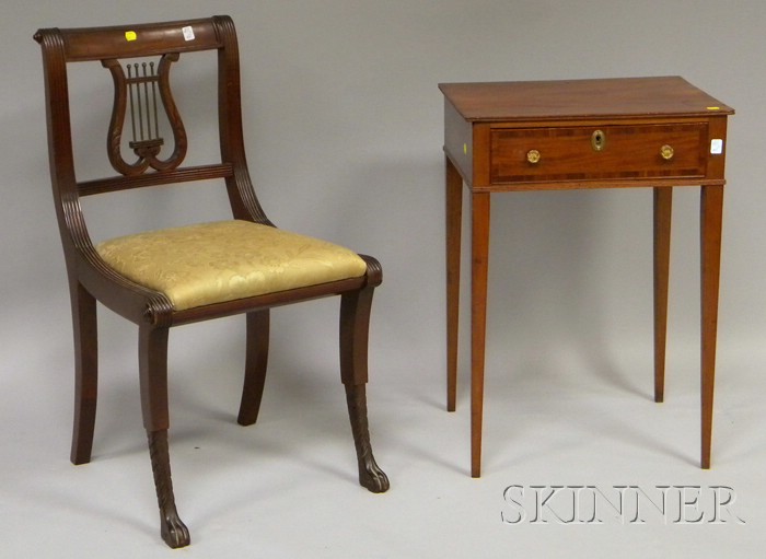 Appraisal: Inlaid Mahogany One-Drawer Stand and a Classical-style Carved Mahogany Lyre-back