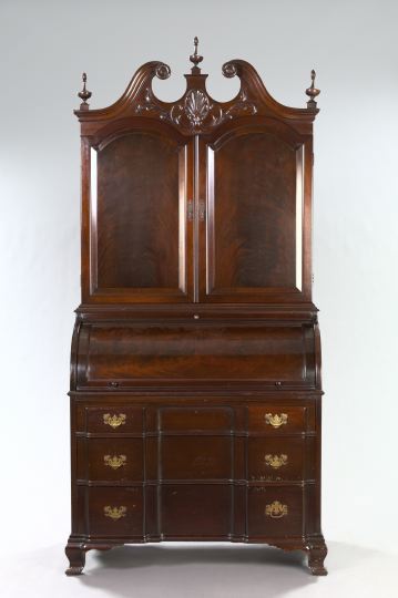 Appraisal: George III-Style Mahogany Block-Front Cylinder Secretary with Bookcase second quarter