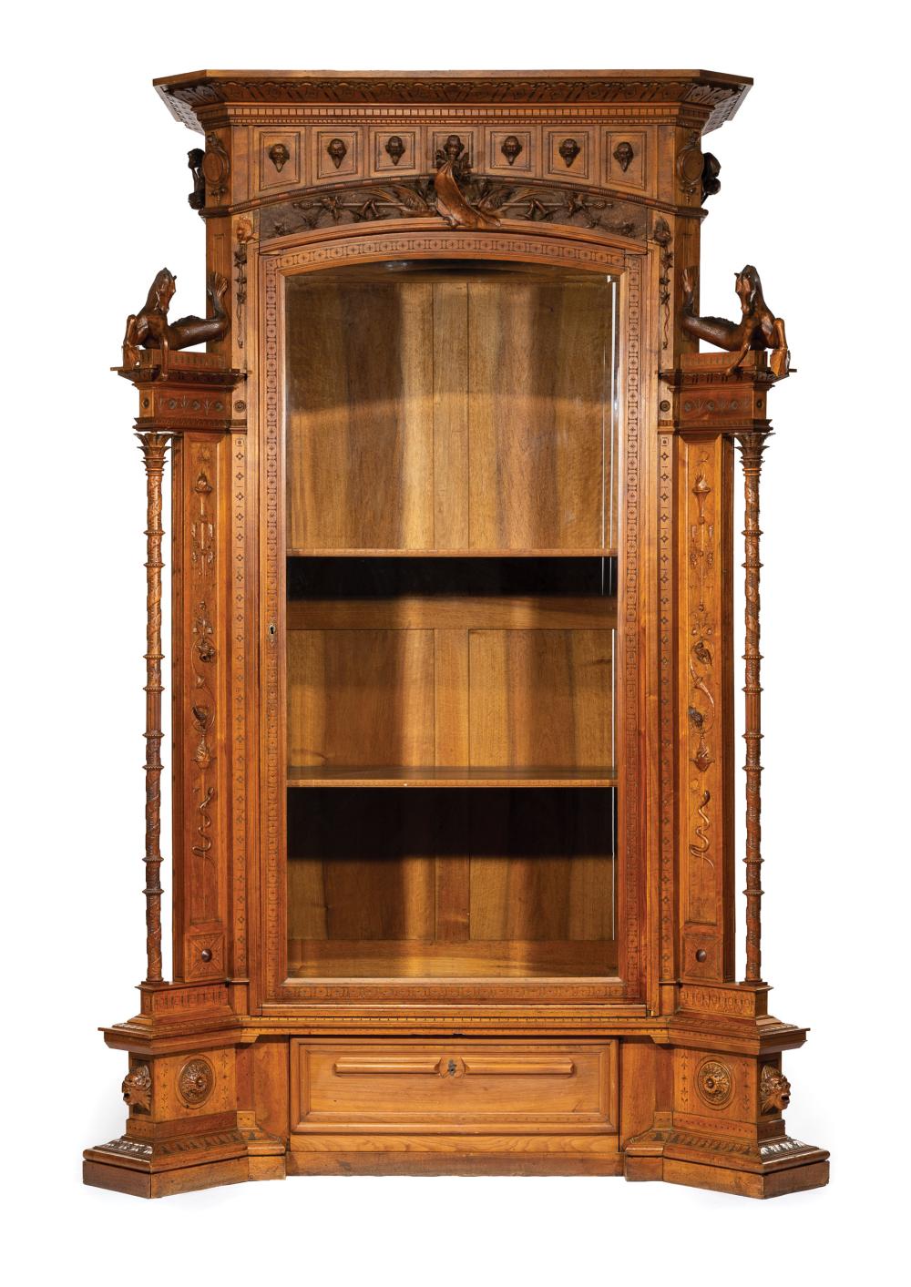 Appraisal: Italian Renaissance Revival Carved Walnut Display Cabinet inscribed Napoli flared