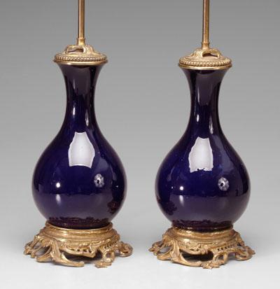 Appraisal: Pair blue ceramic lamps bottle form ceramic bases with rich