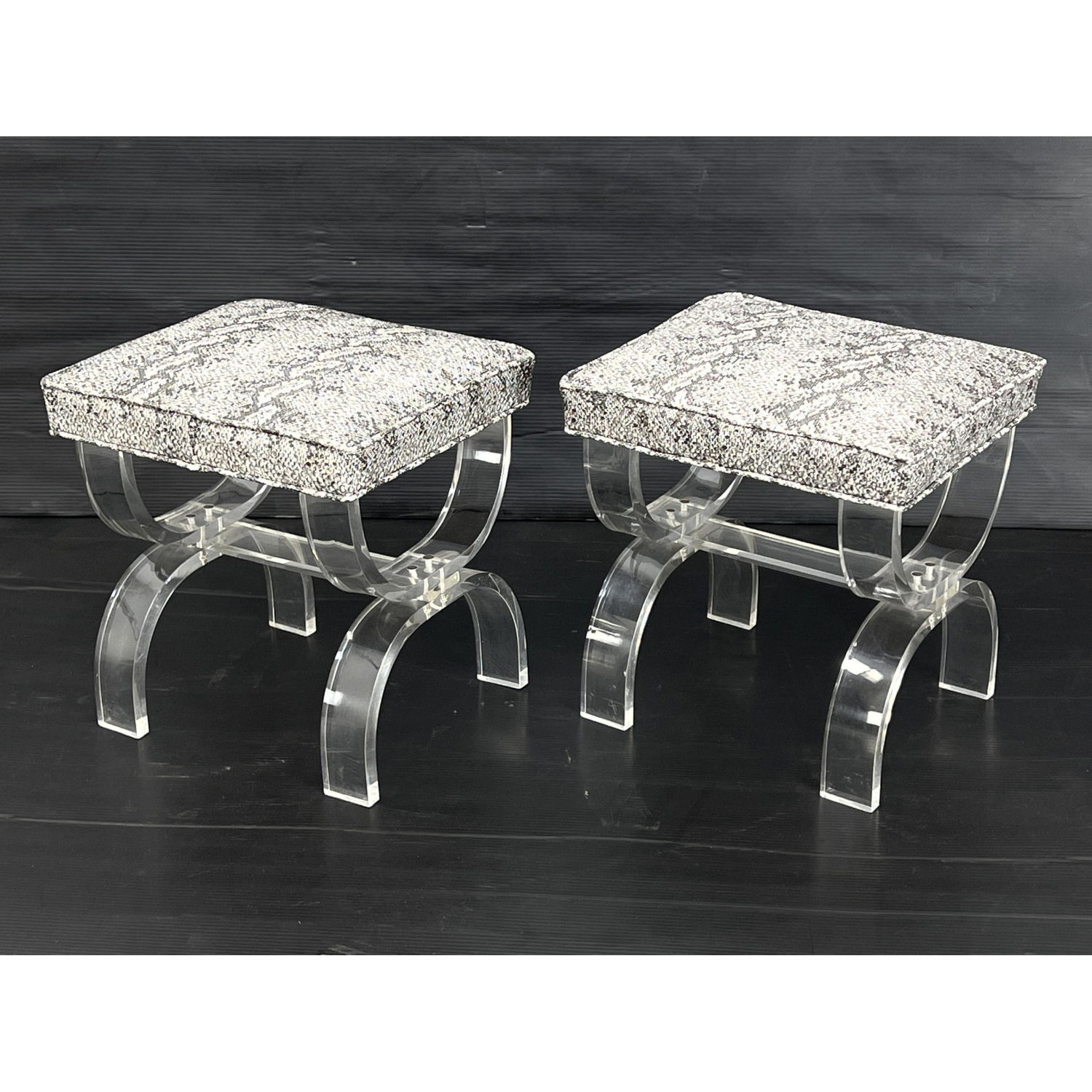 Appraisal: Pair HILL Manufacturing Lucite X base benches with faux snakeskin