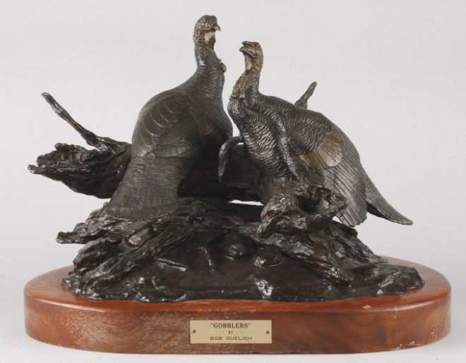 Appraisal: Gobbler's patinated bronze grouping of two turkeys inscribed gobblers signed