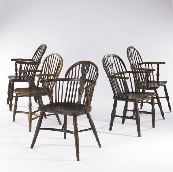 Appraisal: ENGLISH WINDSOR CHAIRS Five of yew wood th C Largest