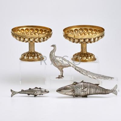 Appraisal: SILVER COMPOTES AND FIGURAL SPICE CONTAINERS Two lobed silver gilt