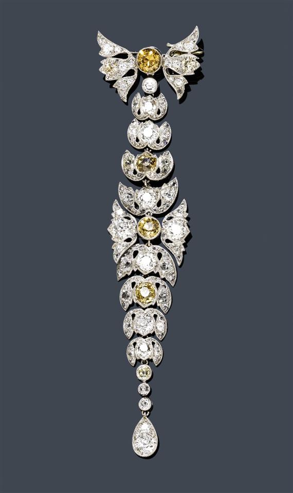 Appraisal: DIAMOND BROOCH France ca Platinum Charming long open-worked brooch of