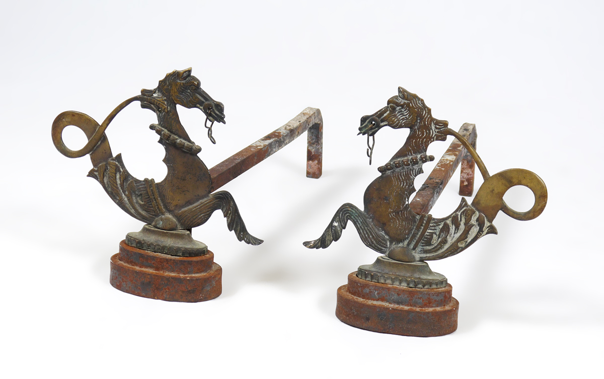 Appraisal: PAIR FIGURAL SEAHORSE ANDIRONS Bronze figural seahorse affixed to cast