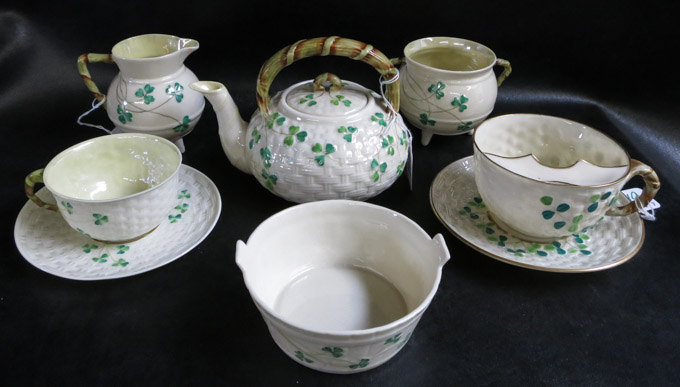 Appraisal: BELLEEK ASSORTED SHAMROCK WARE eight pieces includes black First Mark