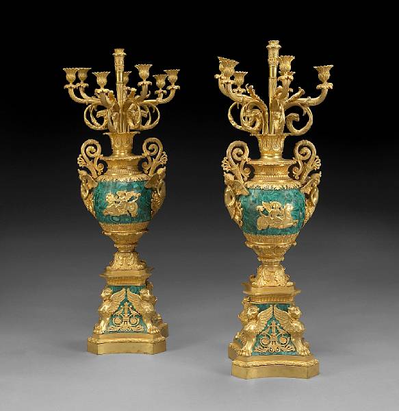 Appraisal: A pair of Empire style gilt bronze and malachite veneered