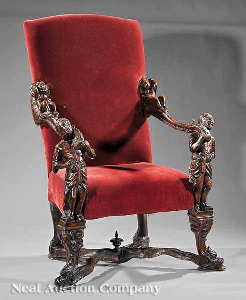 Appraisal: An Antique Italian Carved Walnut Figural Armchair th c in