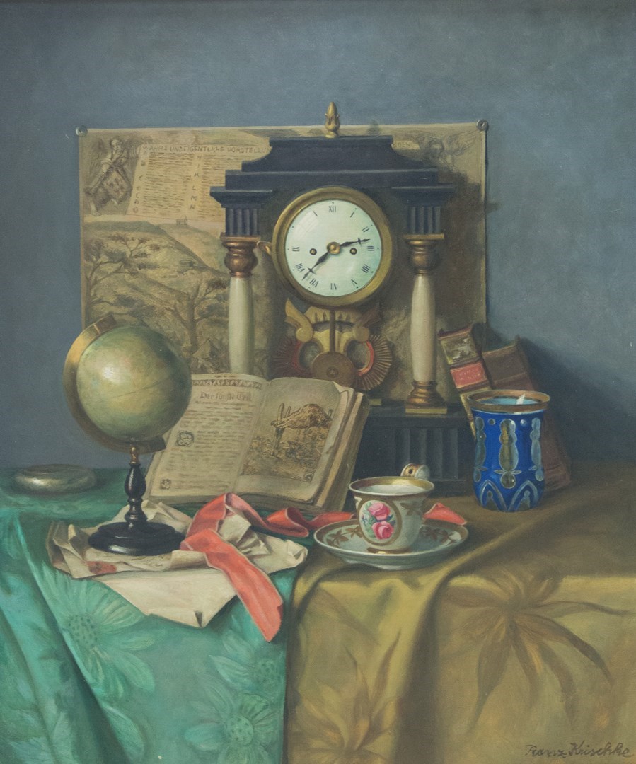 Appraisal: Franz Krischke - Still life of clock teacup globe and