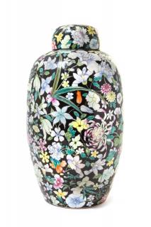 Appraisal: A Black Ground Famille Rose 'Millefleur' Porcelain Covered Jar A