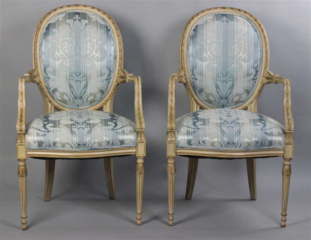 Appraisal: PAIR OF GEORGE III STYLE PAINTED SILK DAMASK UPHOLSTERED ARM